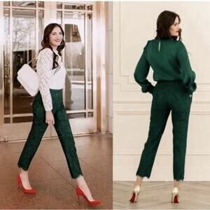 Rachel Parcell Botanica Lace Pants Women's 12 Green Scallop Hem Lined Romantic